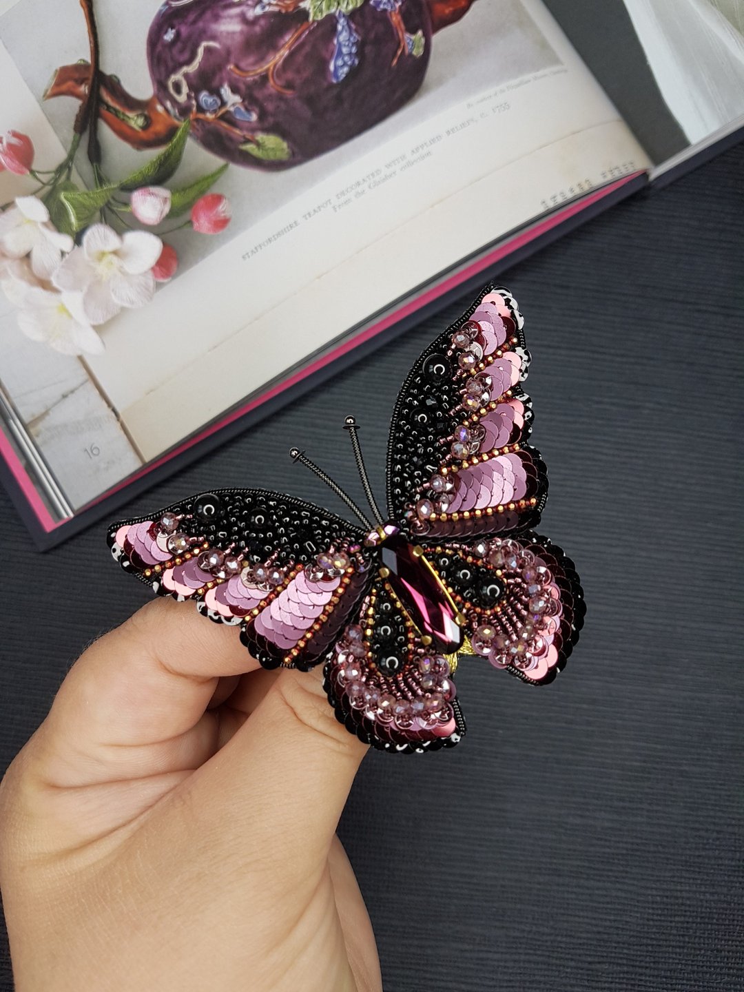 Embroidered Butterfly brooch,handmade beaded jewelry - 胸针 - 绣线 红色