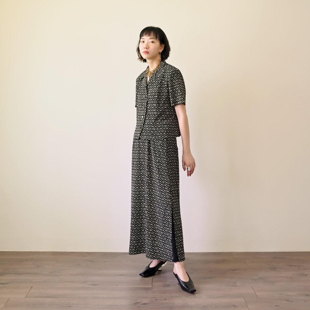 【NaSuBi Vintage】图纹印花裙式古着套装 - 洋装/连衣裙 - 其他人造纤维 黑色