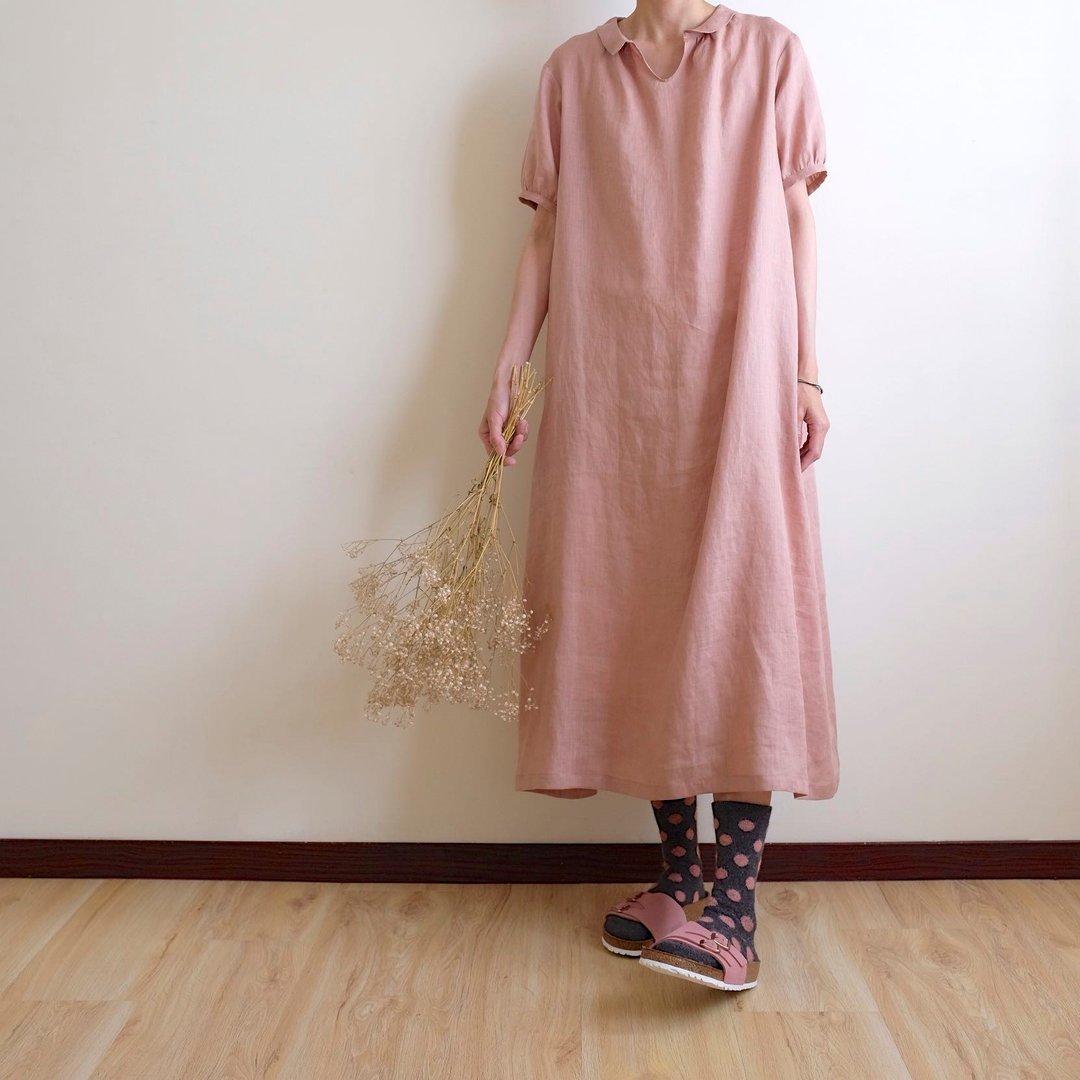 日常手作服  夏天来了  粉米色小丸襟宽松连身洋装  亚麻 - 洋装/连衣裙 - 棉 粉红色