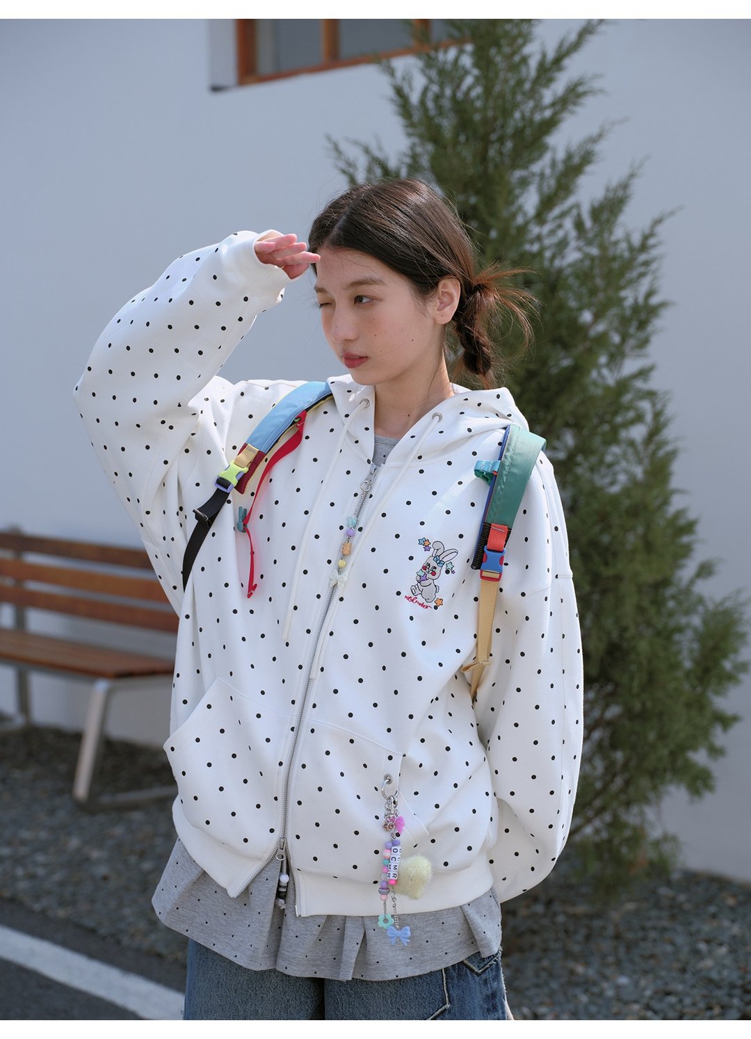 odd maker 可爱兔子白色复古波点连帽拉链卫衣外套女春季宽松百搭 - 中性连帽卫衣/T 恤 - 棉 
