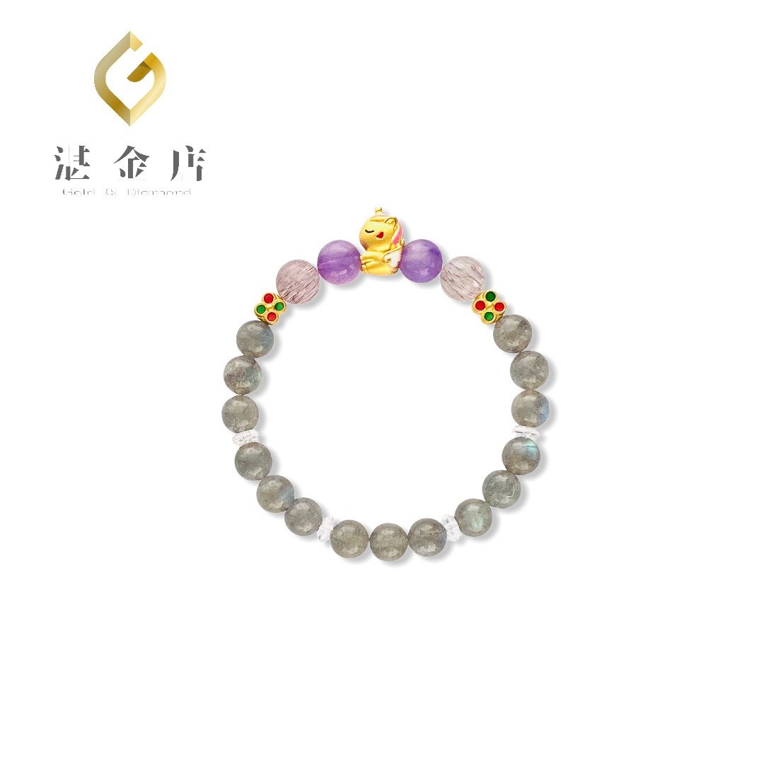 黄金粉独角兽 超级七 拉长石 天然水晶手链 - 手链/手环 - 24k 金 