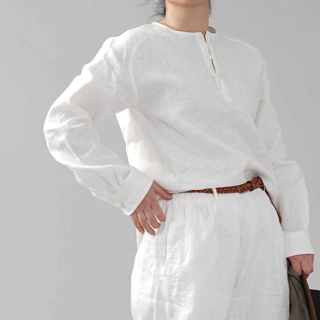 wafu - 純亞麻上衣 Midweight Linen Henry Neck Long Sleeve Top Unisex/White t038e-wht2 - 女装上衣 - 亚麻 白色