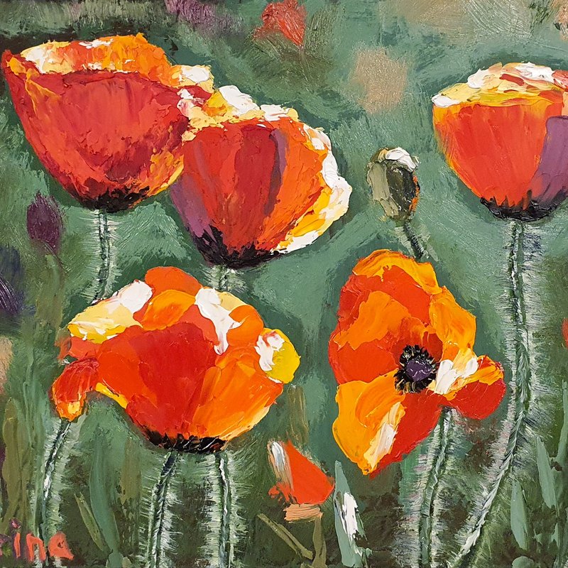 California Poppies Painting Floral Original Art Meadow Flower Artwork Wildflower - 海报/装饰画/版画 - 其他材质 红色