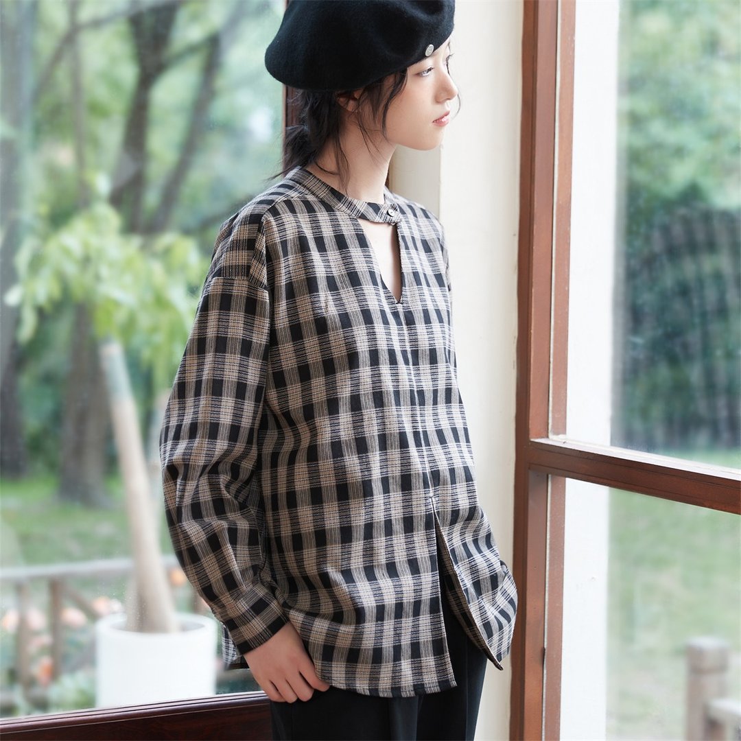 项圈领开衩格纹长袖衬衫KNST344 - 女装衬衫 - 棉．麻 黑色