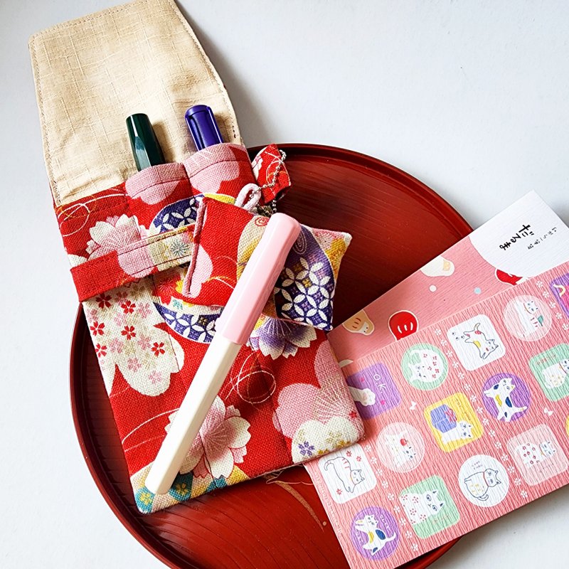 3枝装钢笔笔套, 和风布笔袋--红色大花 - 铅笔盒/笔袋 - 棉．麻 红色
