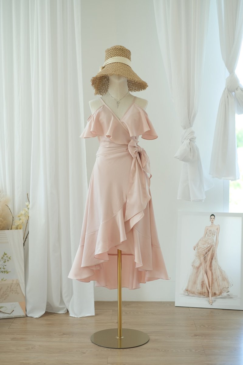 裸色缎面连身裙 - 洋装/连衣裙 - 聚酯纤维 粉红色