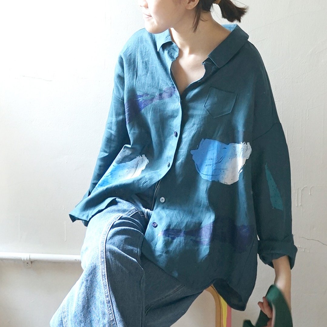 湛蓝手工印花长袖亚麻宽松衬衫  点点 / 儿子 / 海浪 - 女装衬衫 - 棉 蓝色