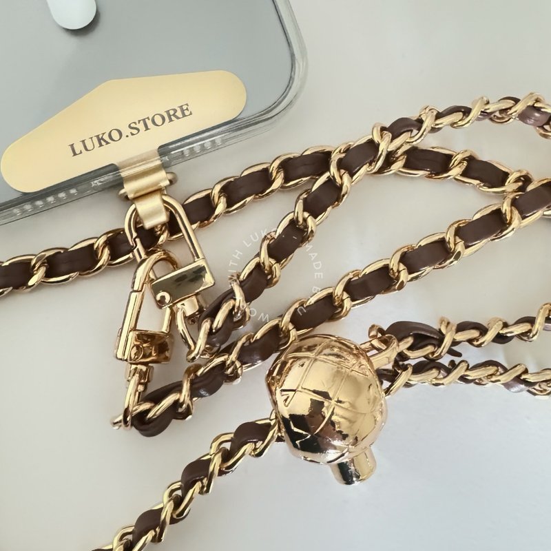 手机背带 | 咖啡浅金 / 杏粉拼接可调整金属球皮革背链  不含垫片 - 手机配件 - 其他金属 