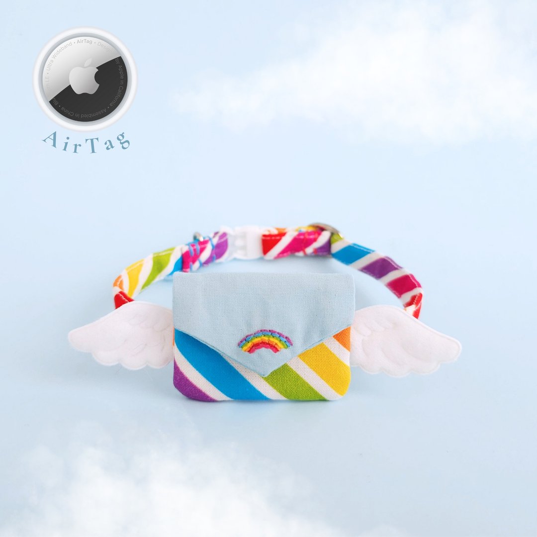 带有迷你口袋的安全项圈，适用于 AirTag、Flying Rainbow Letter 型号。 - 项圈/牵绳 - 棉 多色