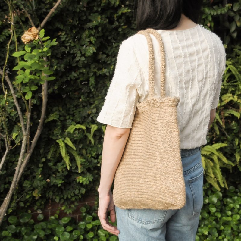 麻绳花口编织包/麻绳编织/肩背包/编织包/a4 - 手提包/手提袋 - 棉．麻 咖啡色