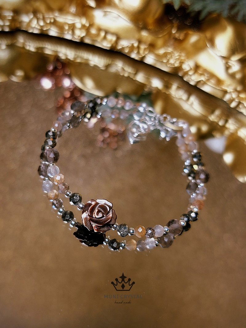 。烟硝艺术品。925纯银骨干黑金太阳闪光巧克力贝母Muni Crystal - 手链/手环 - 水晶 咖啡色