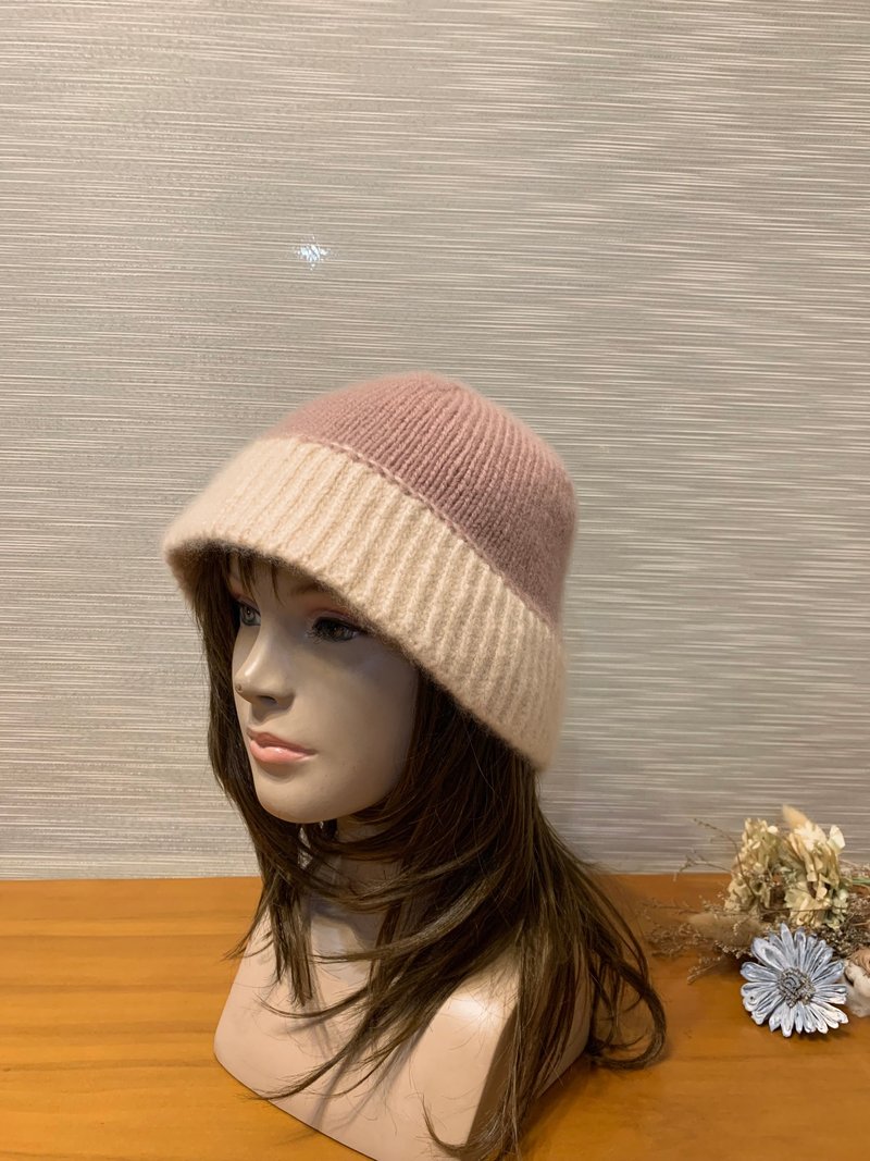 手工。渔夫毛线帽。米白+藕粉。瑞士进口克什米尔高档线 - 帽子 - 羊毛 