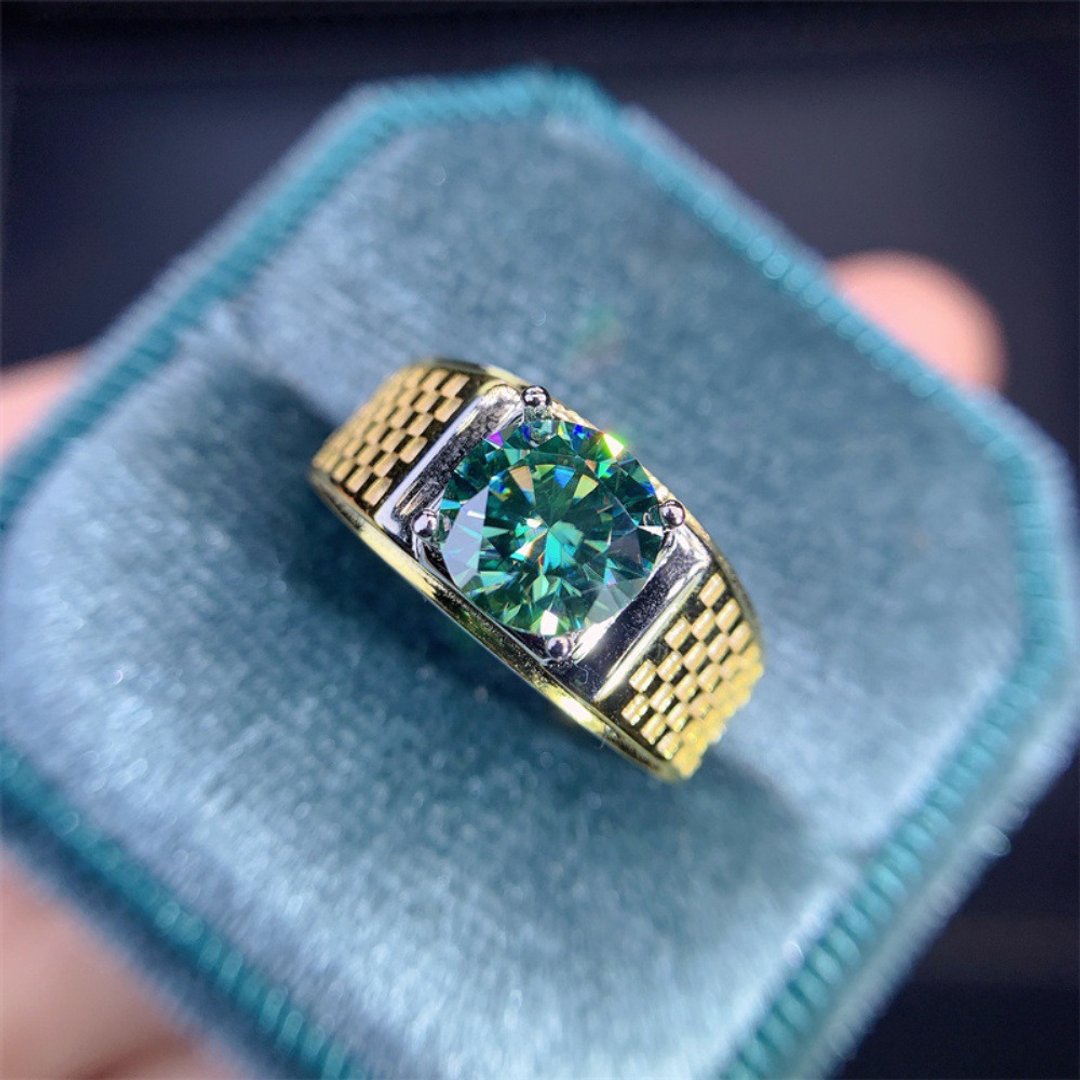 Moissanite Men's Ring, 2 Ct Green Moissanite Ring, Moissanite Silver Ring - 戒指 - 其他金属 银色