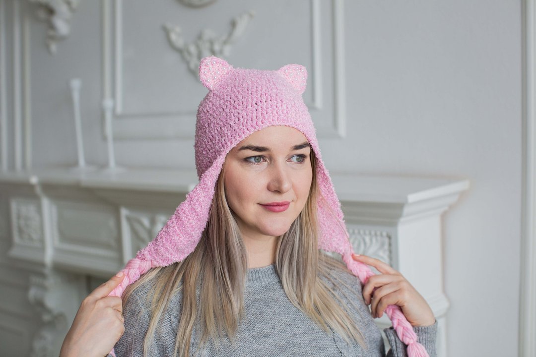 pink knitted hat cat - 帽子 - 羊毛 粉红色