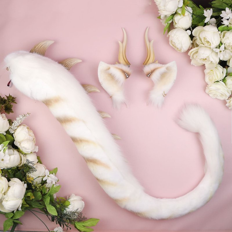 龙鳞造型耳朵与尾巴套组 - 发饰 - 其他人造纤维 白色