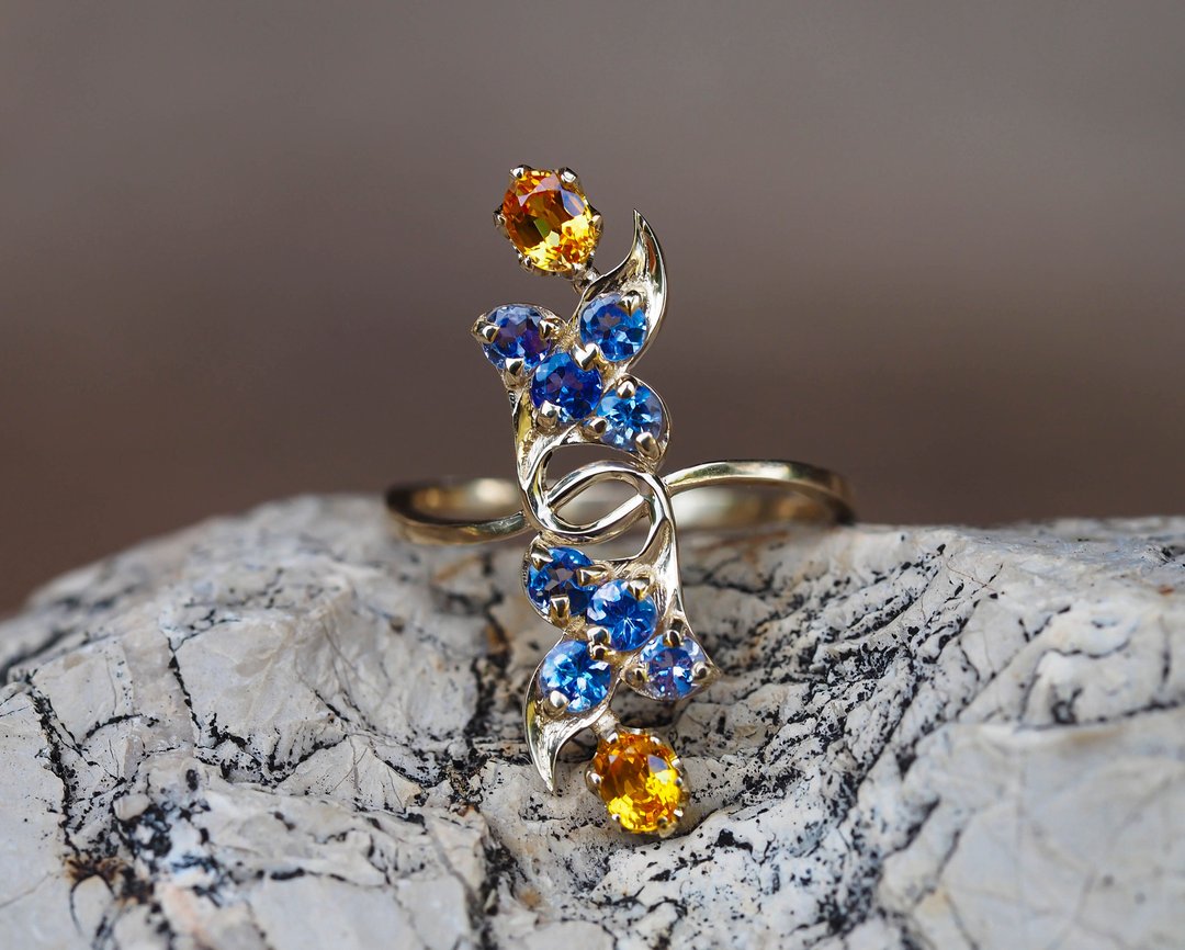 14k gold ring with sapphires and tanzanites - 戒指 - 贵金属 金色