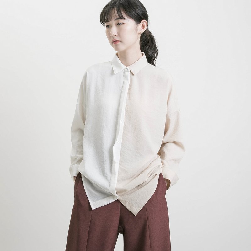 Boundary_界线拼色衬衫_9SF050_白/浅褐 - 女装衬衫 - 棉．麻 白色