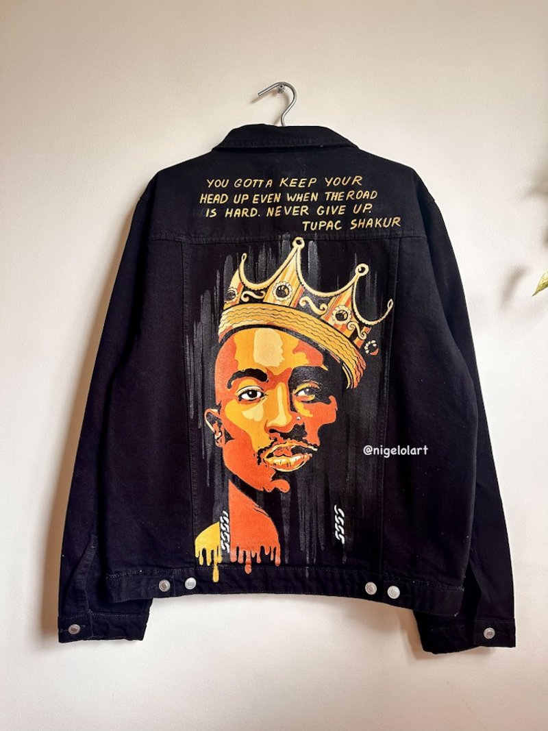 彩绘牛仔夹克说唱歌手Tupac Shakur牛仔夹克肖像个性化 - 女装休闲/机能外套 - 棉．麻 多色