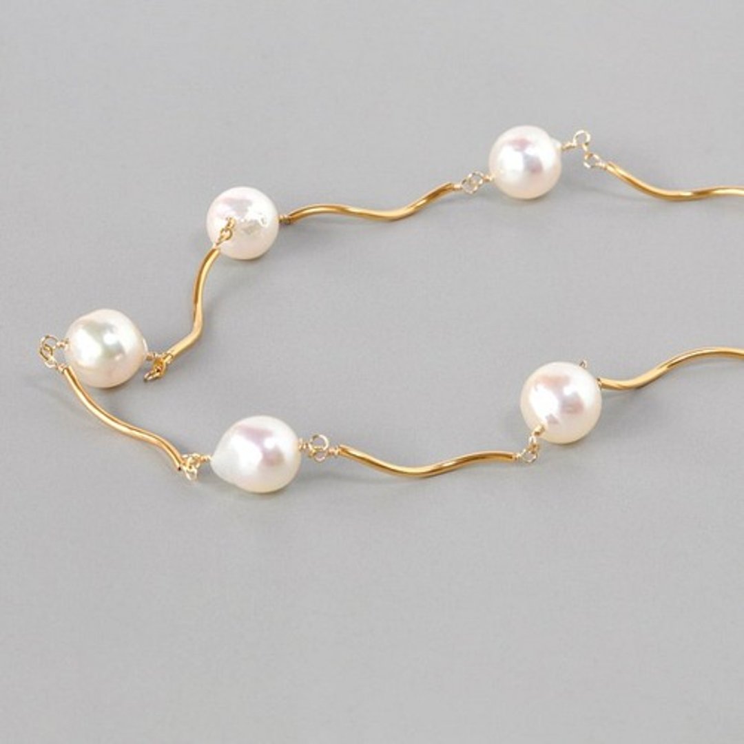 14kgf/Akoya Pearl (5drops) Wave Line Necklace - 项链 - 宝石 