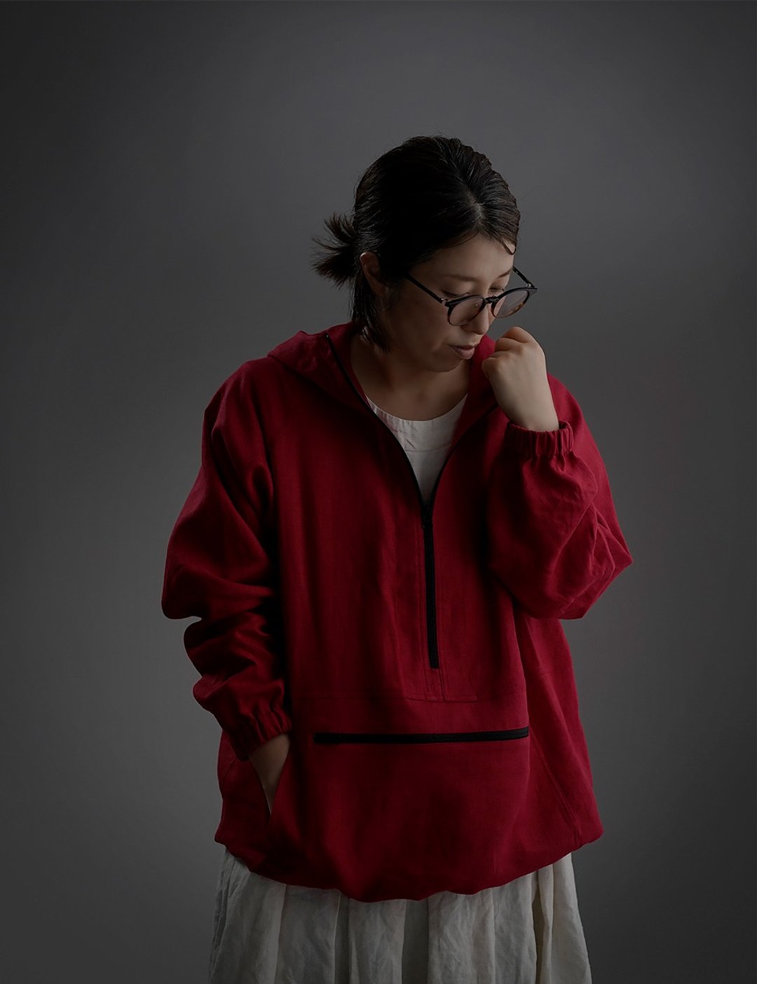 wafu Linen hoodie / outer wear / long sleeves / red h053b-red2 - 女装休闲/机能外套 - 棉．麻 红色