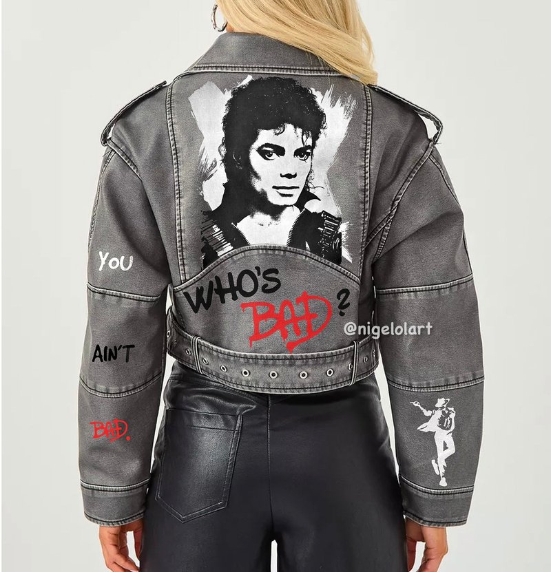 手绘皮革外套 Who is bad? Michael Jackson 订制礼品 - 女装休闲/机能外套 - 棉．麻 蓝色