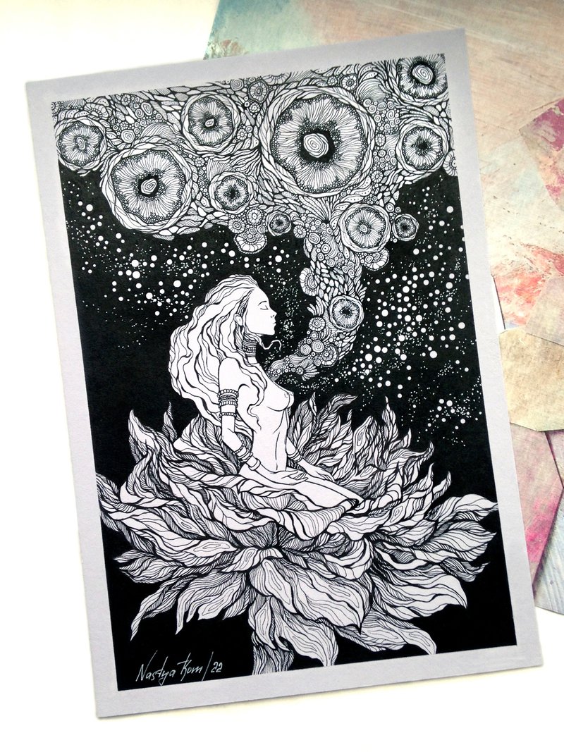 The Meditation drawing. Mandala drawing. Girl and flower drawing. - 海报/装饰画/版画 - 纸 黑色