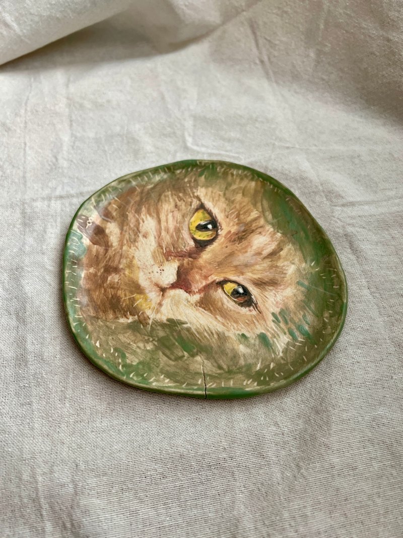 猫001  手绘陶16.8x16x1.3cm - 玩偶/公仔 - 陶 