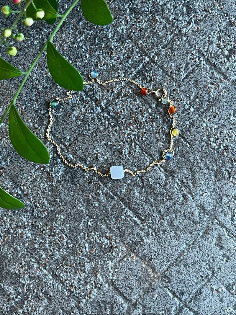 细手链 II 缅甸玉白翡小方块X玛瑙 I 防敏包金保色链缅甸A货翡翠 - 手链/手环 - 玉石 