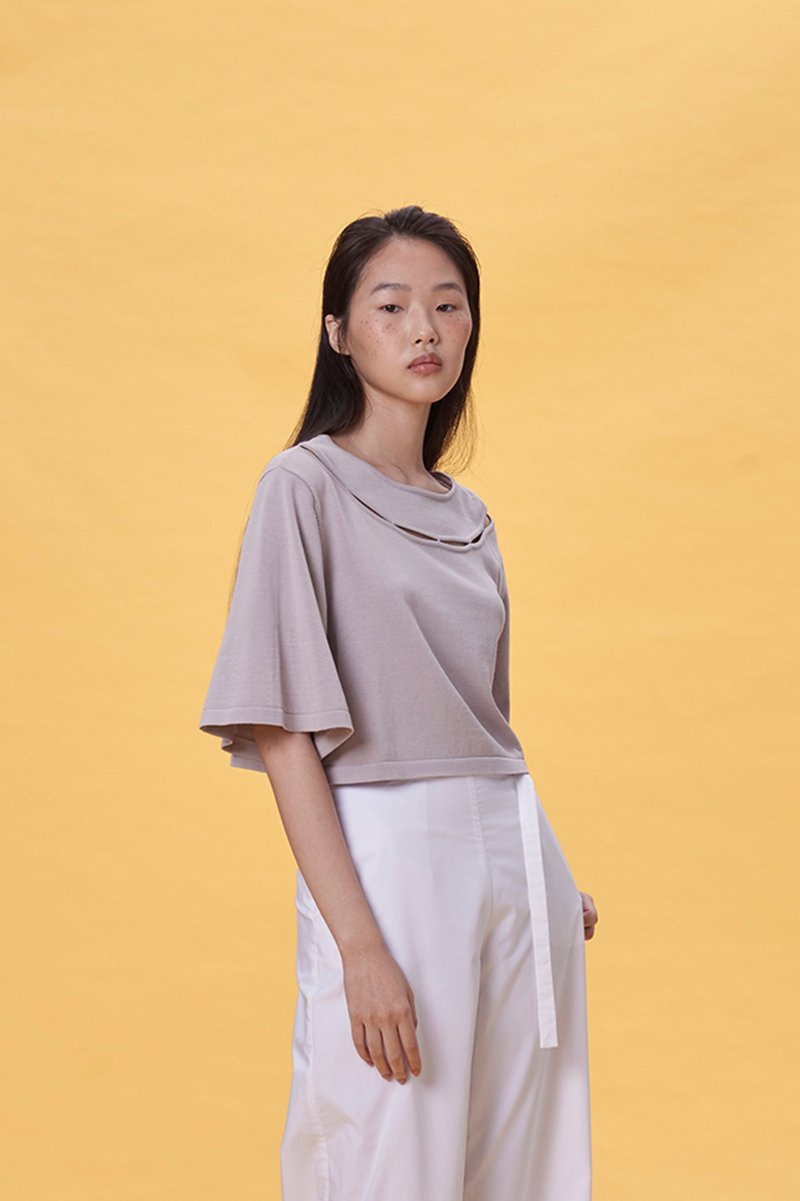 灰搂洞针织短上衣 - 女装上衣 - 棉．麻 灰色