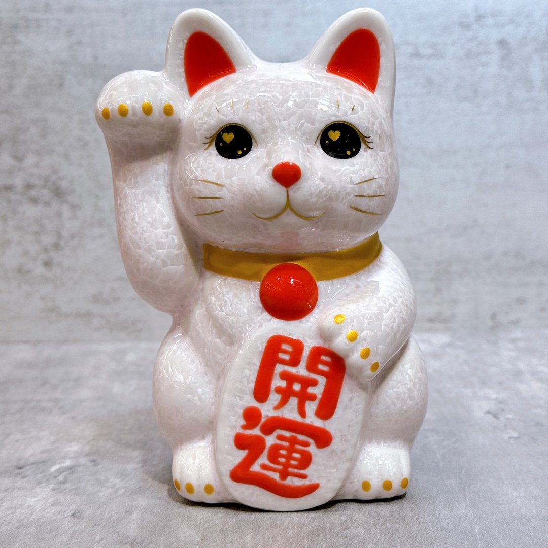 【福粉绽华】日本清水烧招财猫 | 花结晶 粉 - 开运 右 - 摆饰 - 瓷 白色