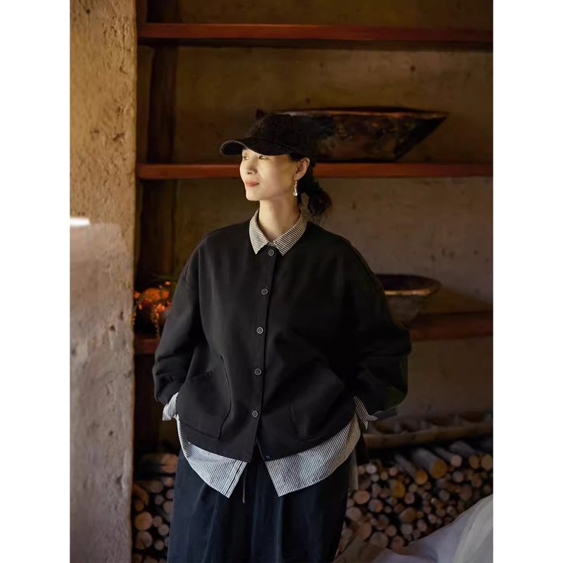 炭黑色百搭圆领开门襟针织厚外套 - 女装上衣 - 棉 