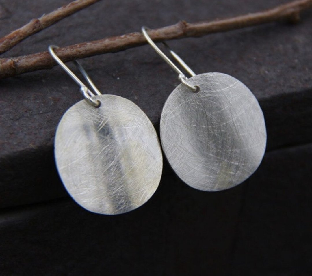 Real 925 Sterling Silver Handmade Round Plate Dangle Earrings Women Simple - 耳环/耳夹 - 纯银 银色