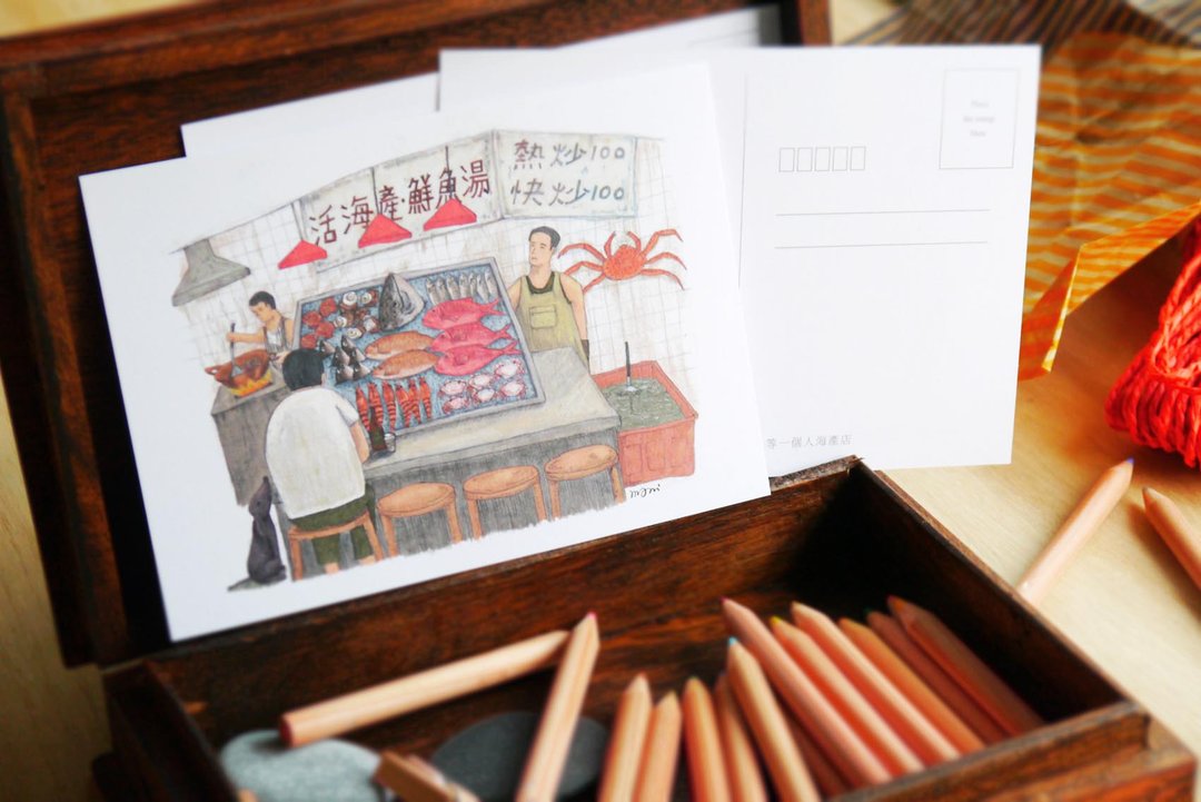 插画明信片 - 等一个人海产店 - 卡片/明信片 - 纸 白色