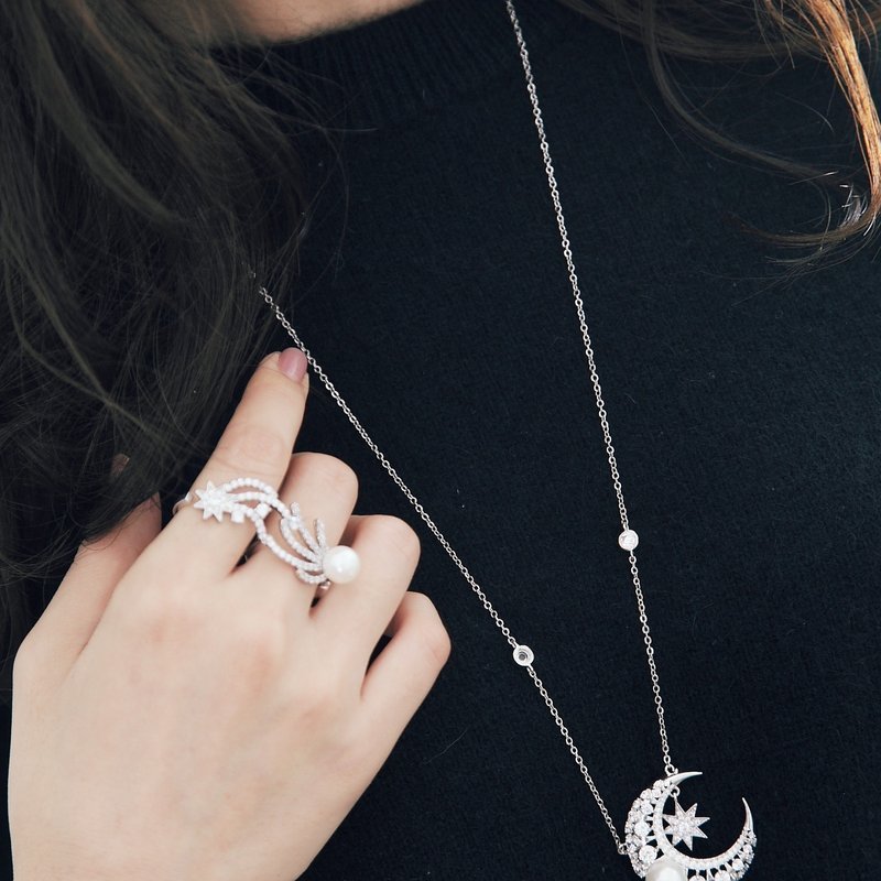 星月系列饰品闺蜜优惠：1+1任选耳环、项链、双指戒组合 - 长链 - 其他金属 银色