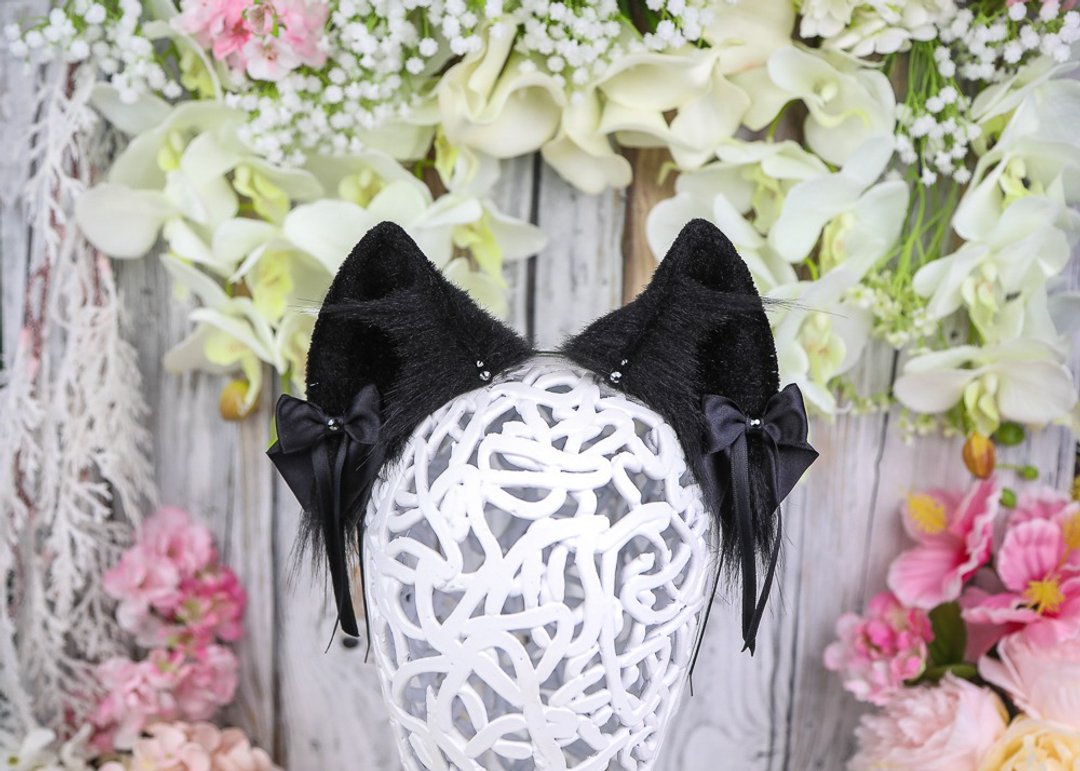 Black Fox Ears Faux Fur Ears Headband - 发饰 - 其他人造纤维 黑色