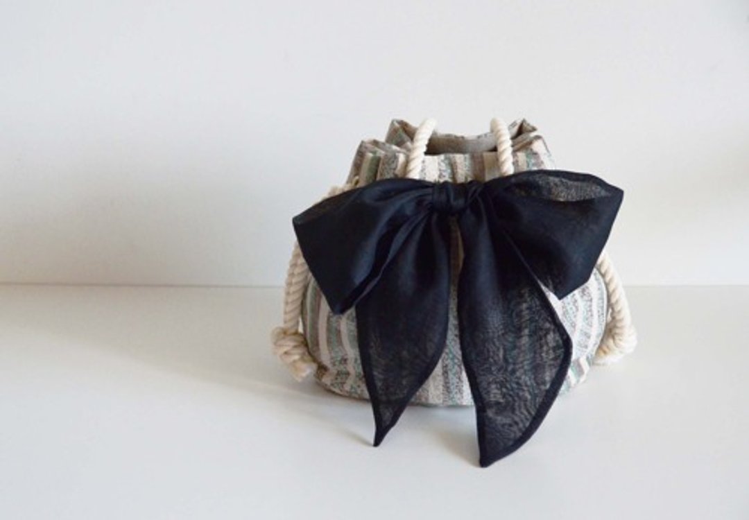 Random Stripe Linen Paisley Ribbon Marine Bag - 手提包/手提袋 - 棉 灰色
