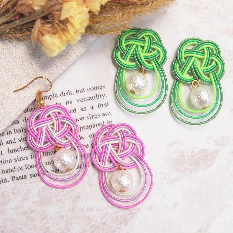 【耳环/耳夹】水引梅与摇曳明珠 - 耳环/耳夹 - 纸 粉红色