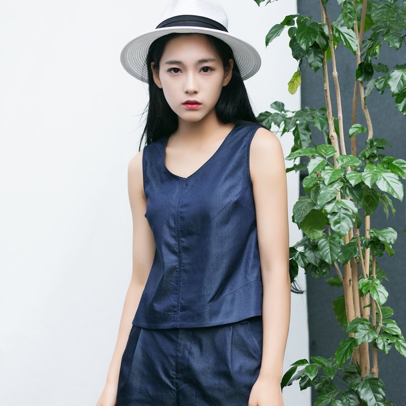 安妮陈原创设计大海深处 2016夏季新款文艺无袖宽松牛仔背心上衣 - 女装上衣 - 棉．麻 蓝色