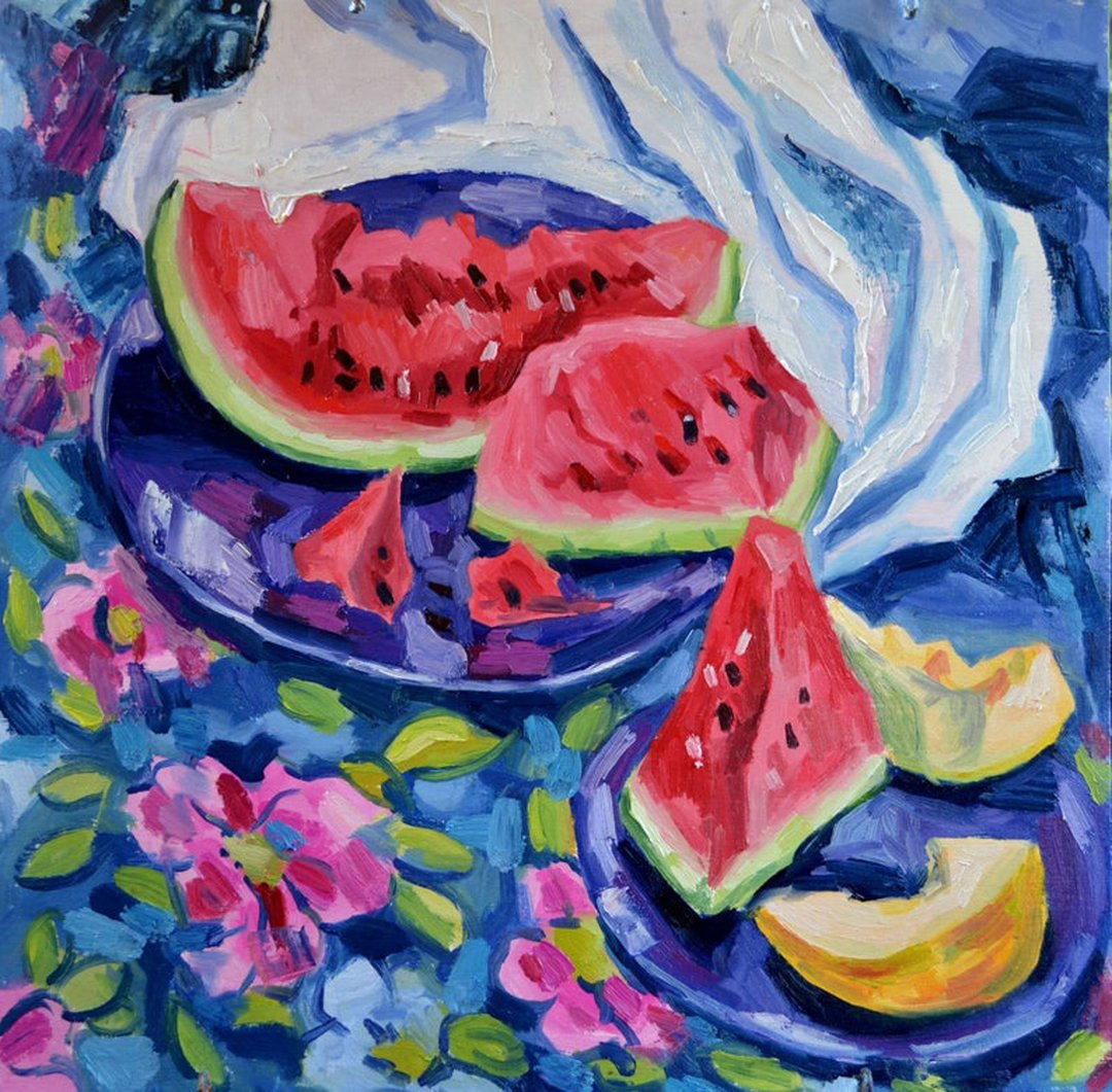 still life oil , original , fruit painting ,impressionism ,watermelon painting - 墙贴/壁贴 - 其他材质 多色