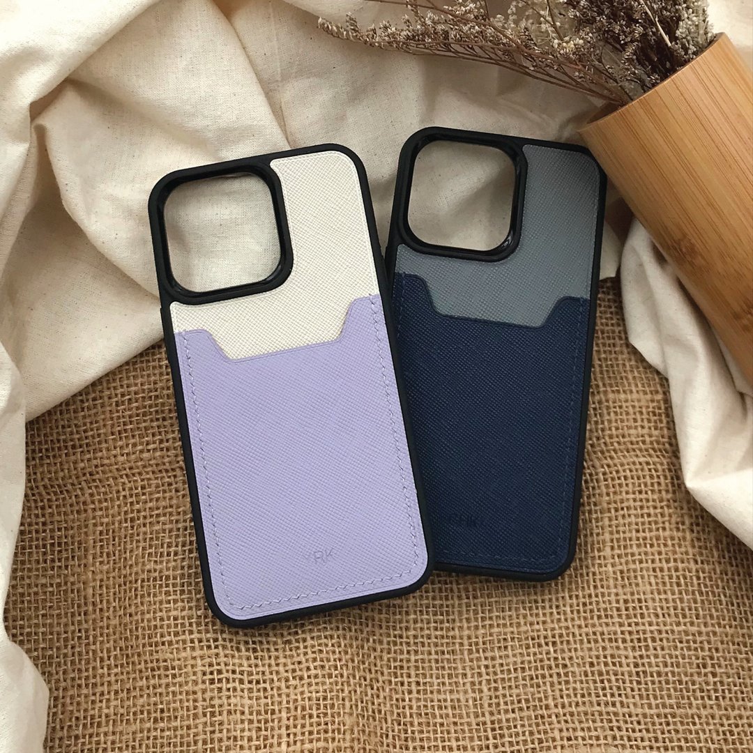 【iPhone咭位手机壳】十字纹牛皮系列/防摔全包覆/悠游卡套 - 手机壳/手机套 - 真皮 多色