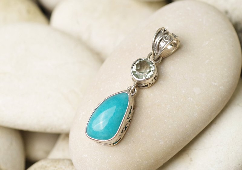Green Amethyst and Amazonite Pendant Top - Gemstone Pendant Necklace - 项链 - 纯银 多色
