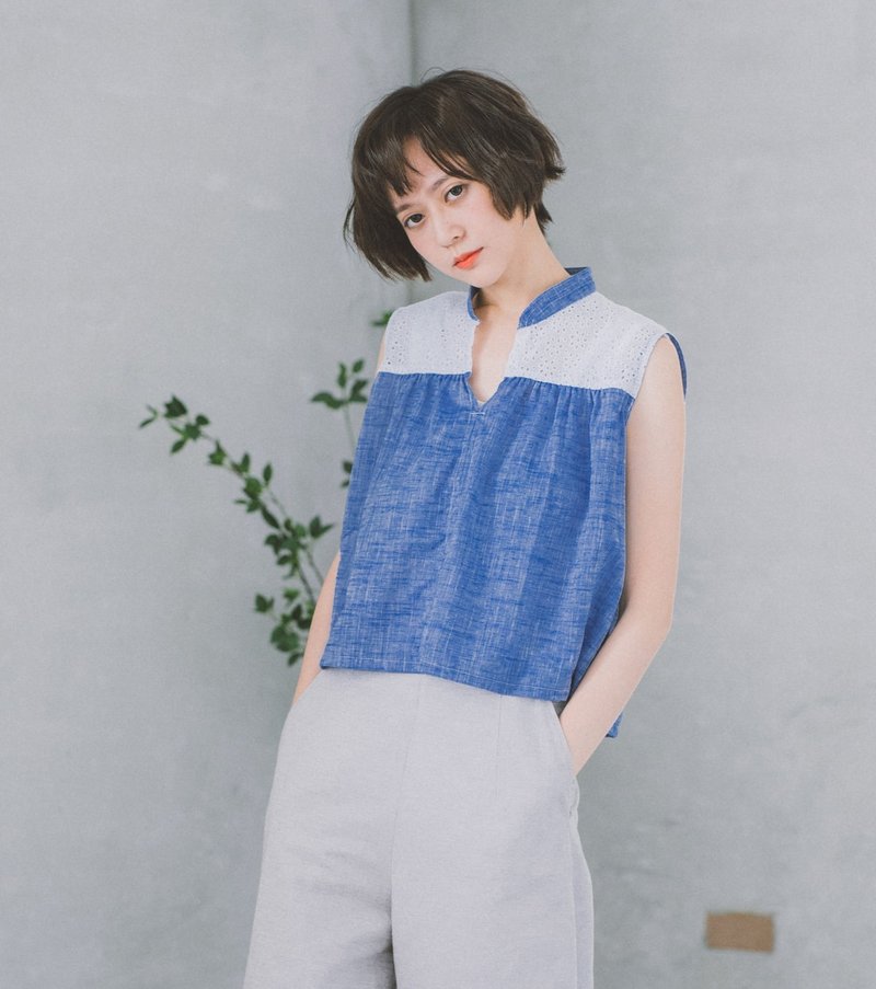 开襟蕾丝背心 - 白色、紫罗兰色、罩衫、无袖 - 女装上衣 - 纸 蓝色