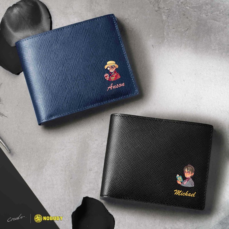 Nobody限量版 周星驰电影NFT 定制化刻字 十字纹皮夹短钱包 (2色) - 皮夹/钱包 - 真皮 黑色