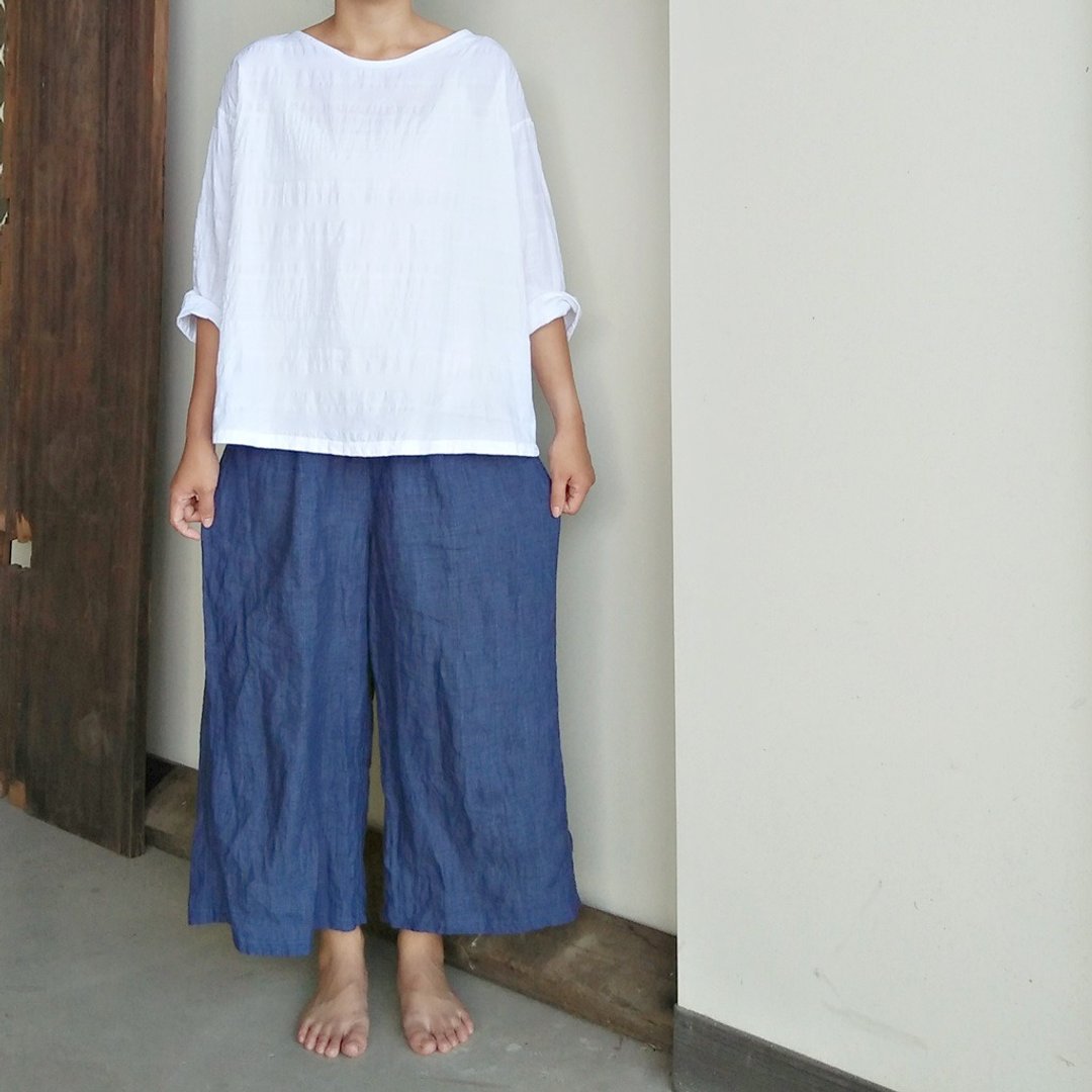 亚麻单折宽裤   亚麻 蓝 - 女装长裤 - 棉 蓝色
