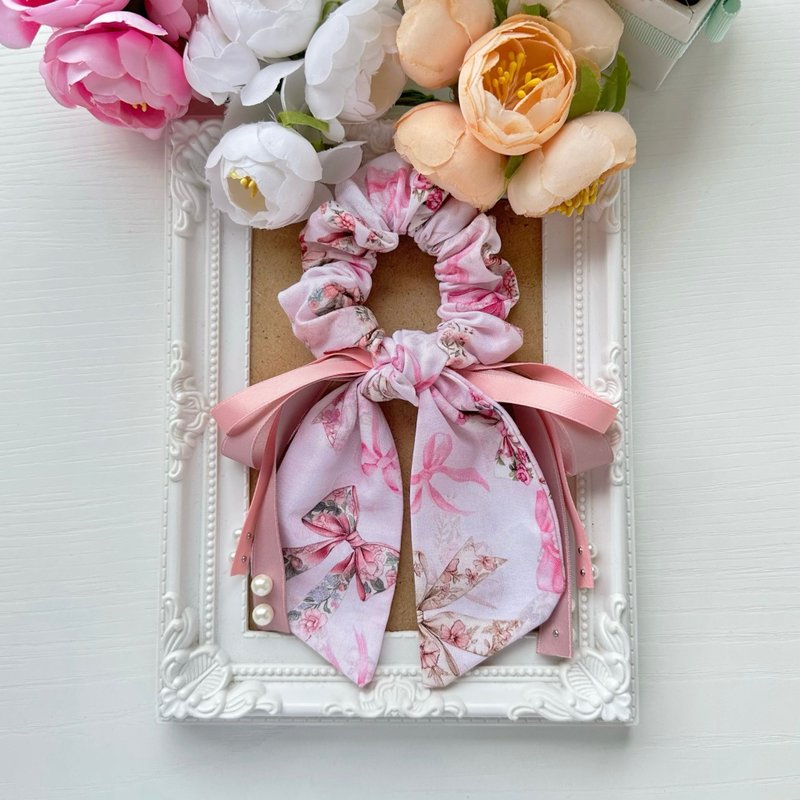 棉布长尾蝴蝶结发圈大肠圈发饰-粉色系飘飘蝴蝶结 - 发饰 - 其他材质 粉红色