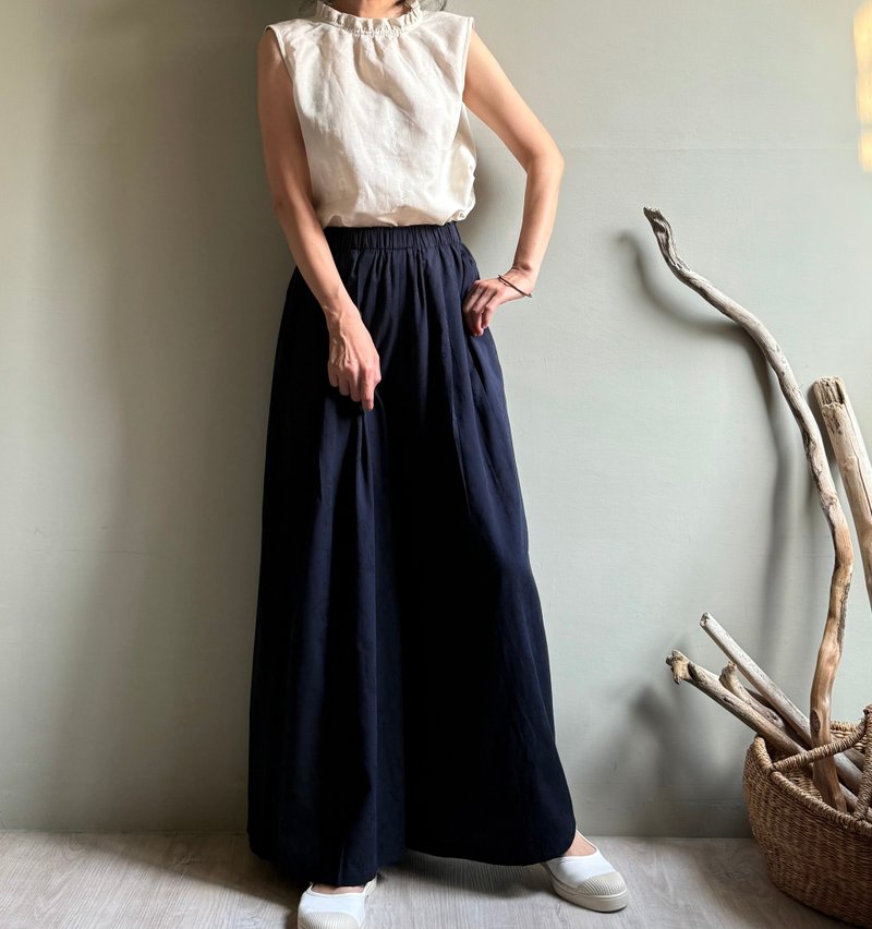 长堤杨柳/藏青色纯棉提花长版宽裤裙100%棉 - 女装长裤 - 棉．麻 