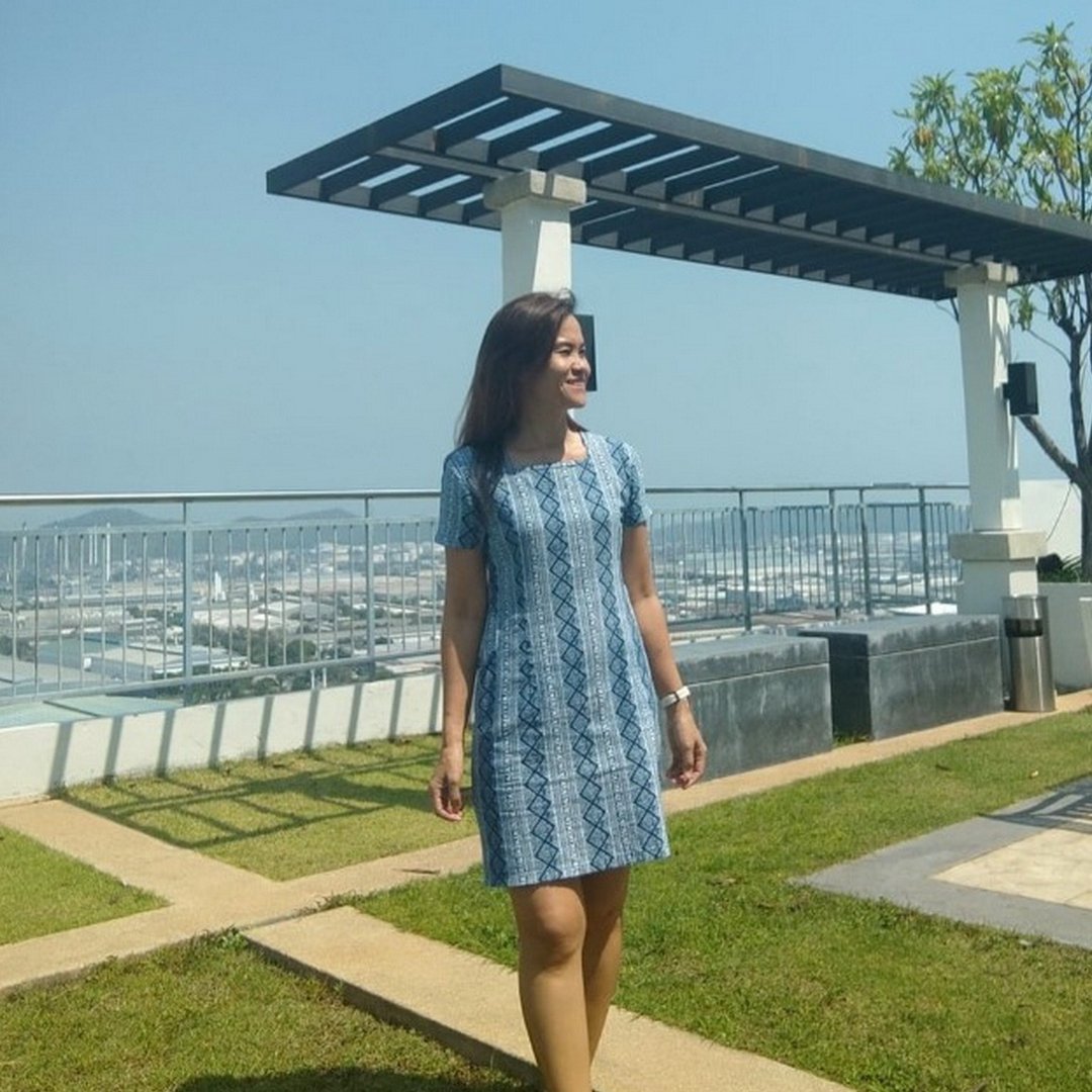 Thai Pattern Square Neck Cotton Dress - 洋装/连衣裙 - 棉 蓝色
