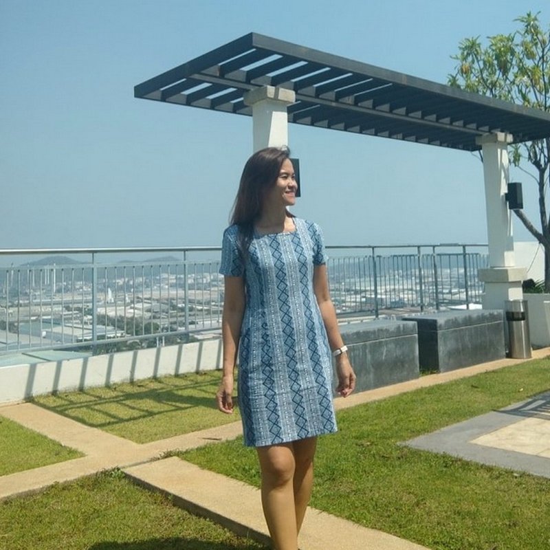 Thai Pattern Square Neck Cotton Dress - 洋装/连衣裙 - 棉．麻 蓝色