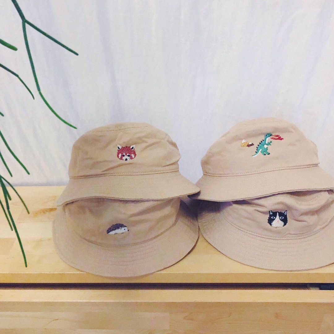 Animals Embroidery /Bucket Hat-Cream /Red panda,Dinosaur,Hedgehog,Cat - 帽子 - 棉．麻 