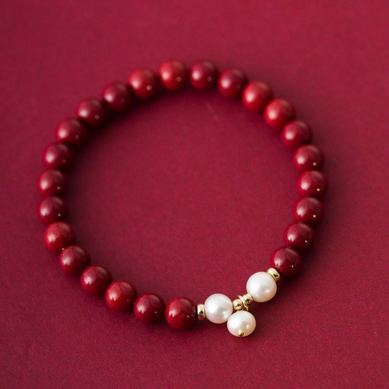 紫金砂朱砂6mm 天然淡水珍珠14K包金配件单圈手链化太岁 新年礼物 - 手链/手环 - 宝石 红色